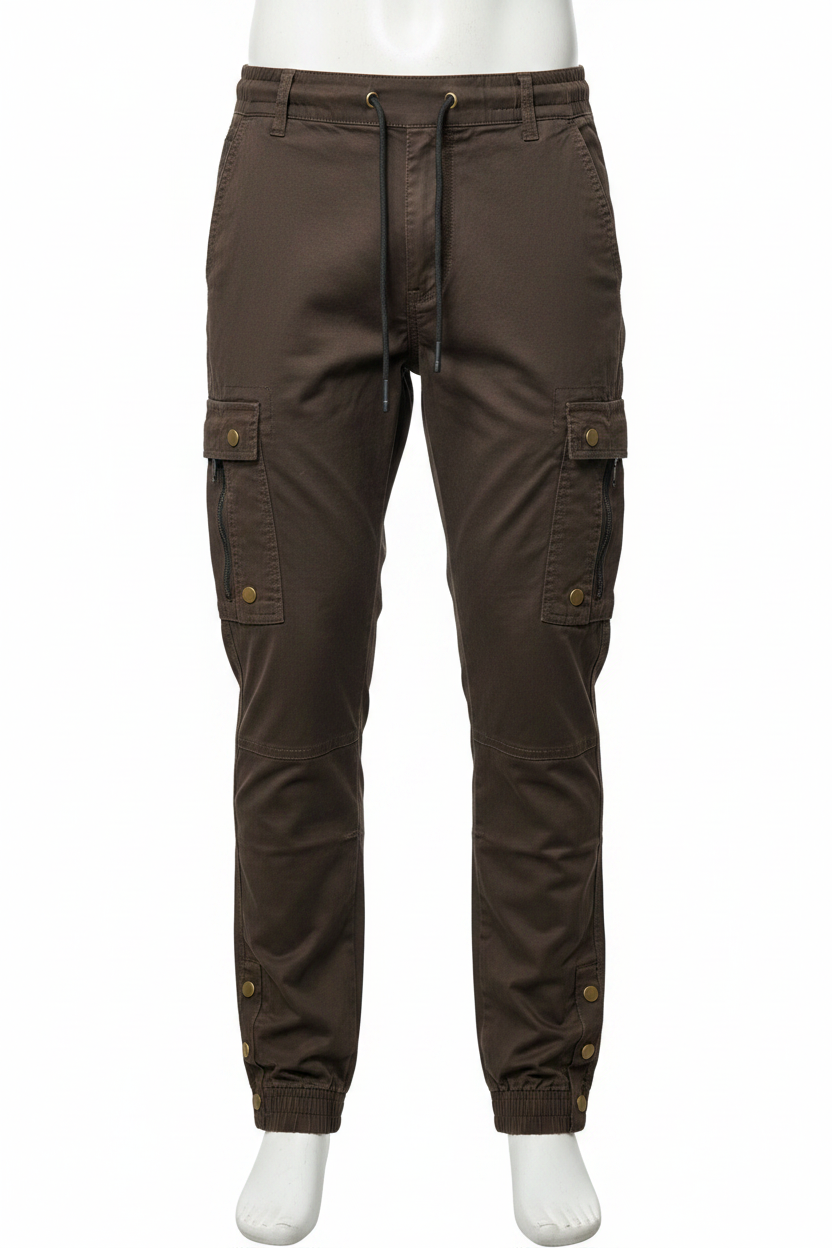 Men's brown cargo pants on mannequin - white background