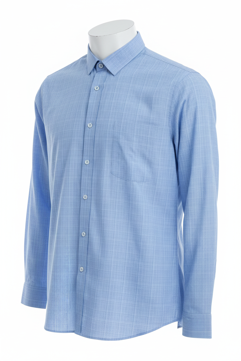 Men's light blue check long sleeve button shirt - ghost mannequin white background