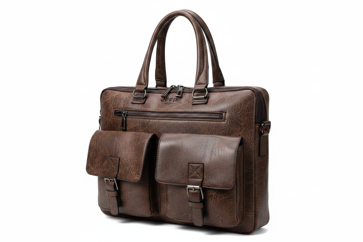 Jeep Brand Dark Brown Embossed Leather Briefcase - white background