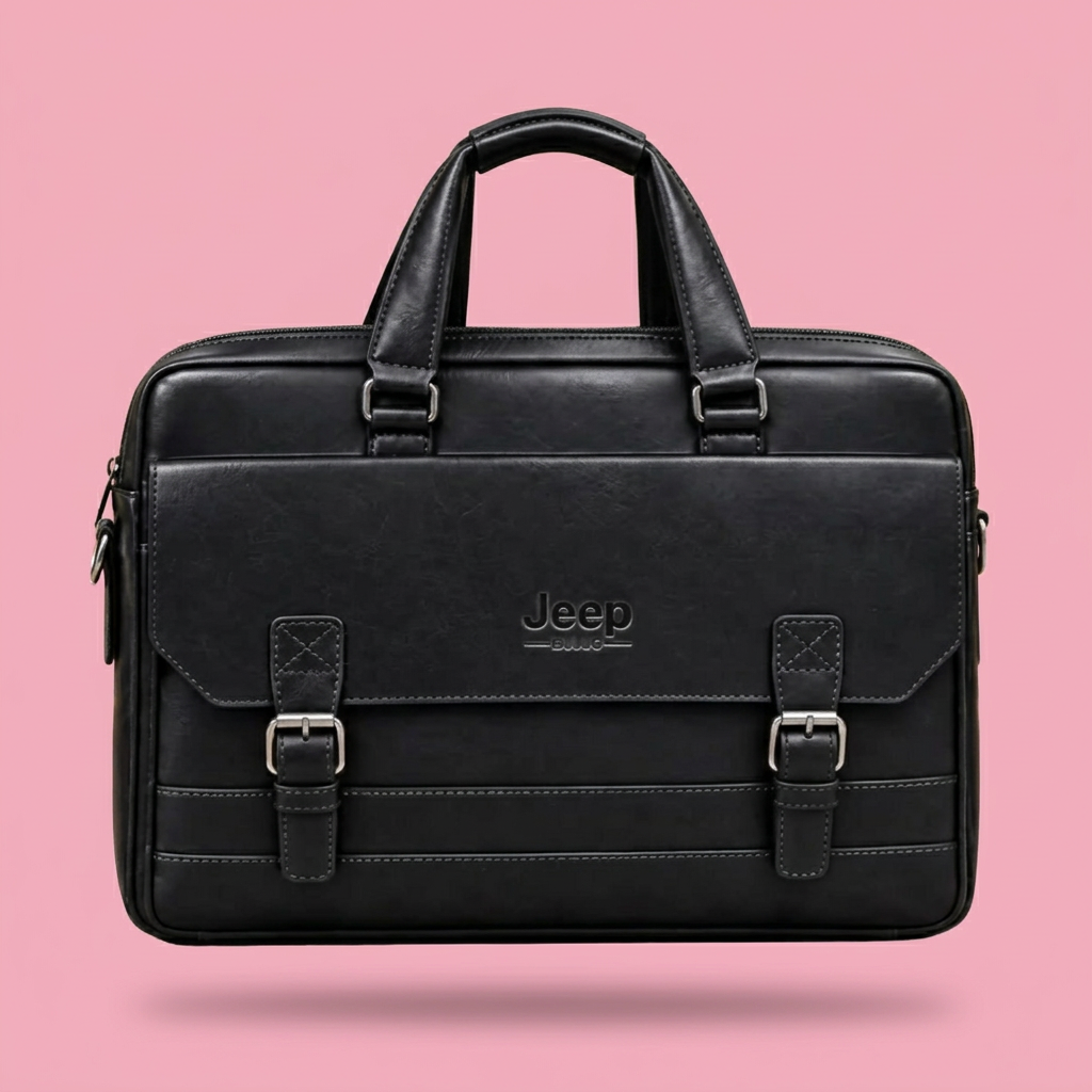 Black double-buckle briefcase bag on a soft pink background, square image