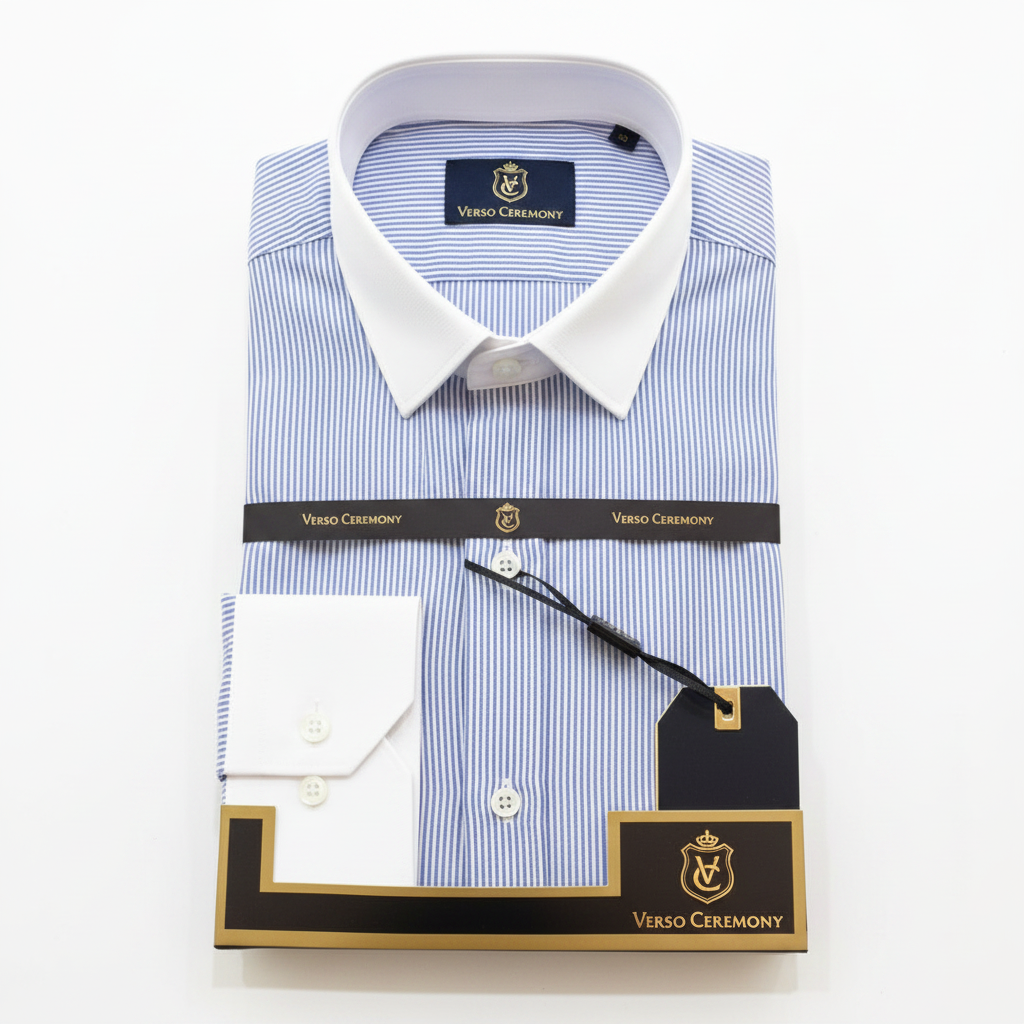 Verso Ceremony Blue Stripe Shirt - White Background