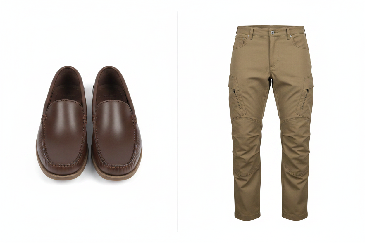 Brown Leather Loafers and Tan Cargo Pants combo — front view side by side
