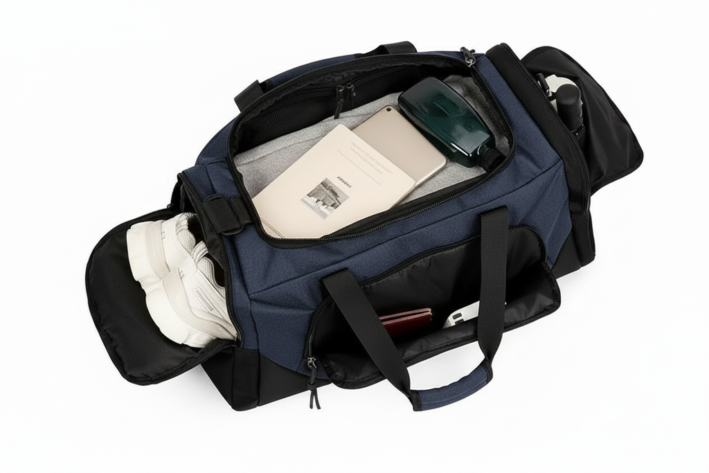 Blue & Black Cylindrical Duffel Travel Bag - Open Interior View
