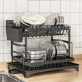 2-Tier Dish Rack with Drip Tray and Utensil Caddy - Black Metal