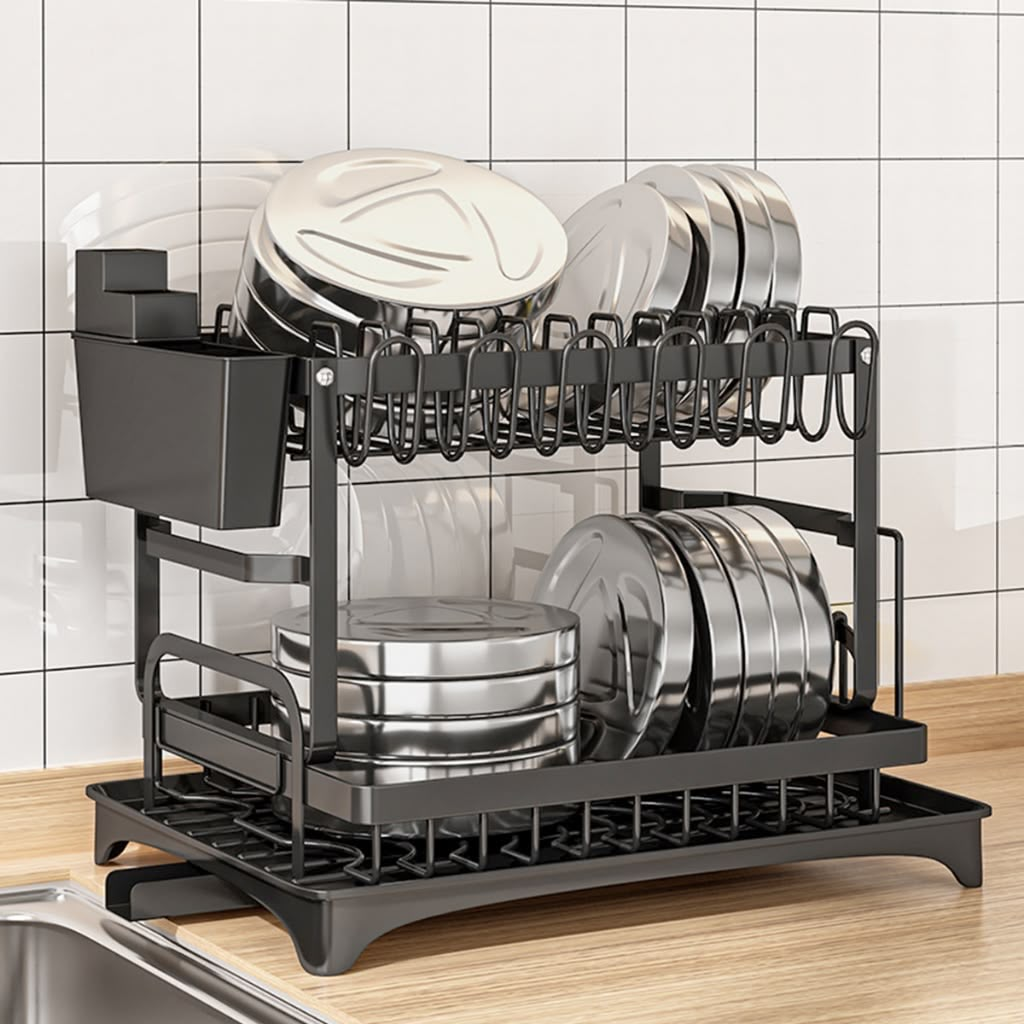 2-Tier Dish Rack with Drip Tray and Utensil Caddy - Black Metal