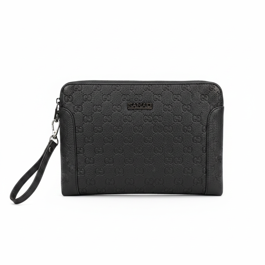 Men's black GG monogram embossed clutch wristlet on white background