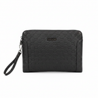 Men's black GG monogram embossed clutch wristlet on white background
