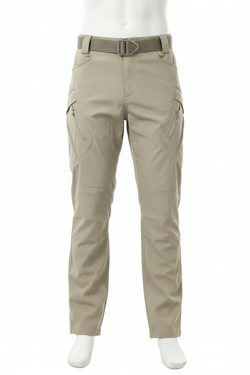 Men's light khaki tactical cargo pants on mannequin - white background