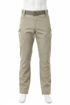 Men's light khaki tactical cargo pants on mannequin - white background