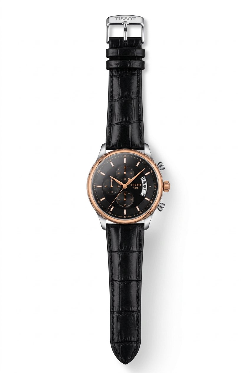 Black-dial watch with rose-gold-tone case and black embossed strap on white background