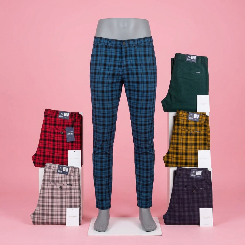Blue checked trousers on a mannequin with five other trouser styles arranged at the sides on soft pink