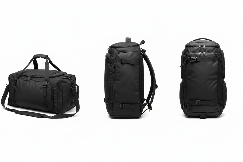 Black Waterproof Travel Gym Bag – 3 Views Combined