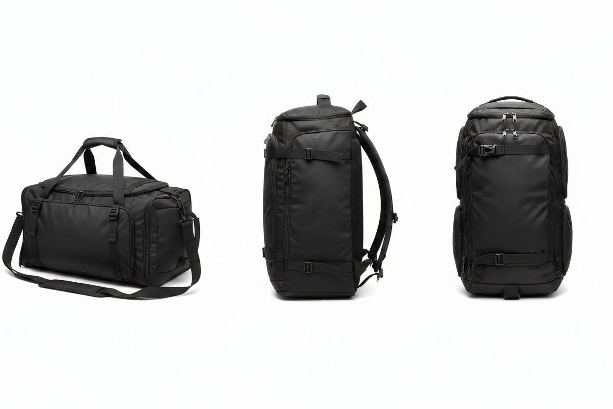 Black Waterproof Travel Gym Bag – 3 Views Combined