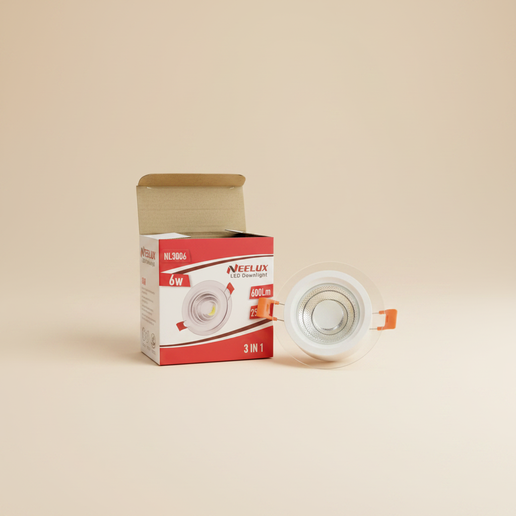 Neelux NL3006 6W LED downlight with box - cream background