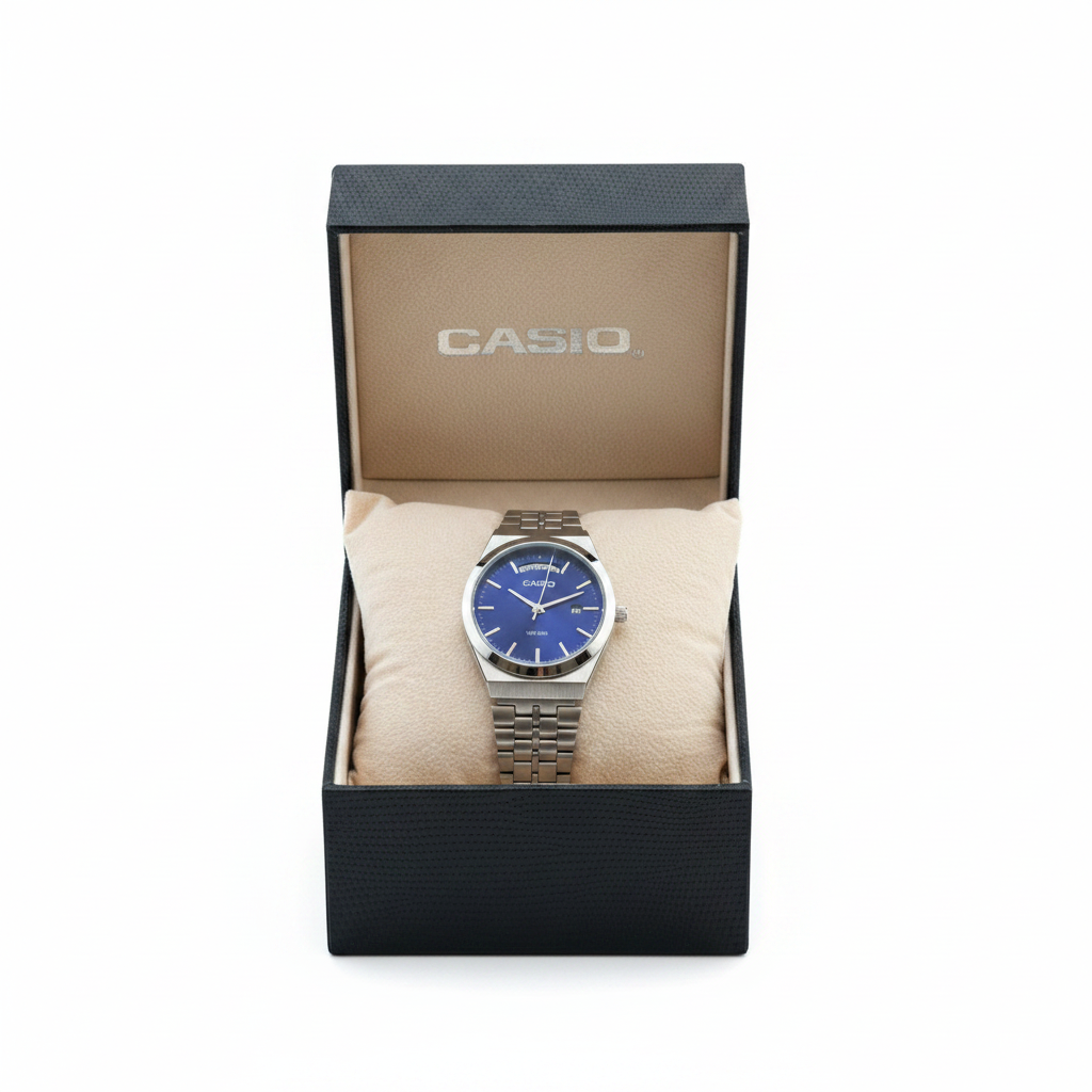 Casio Blue Dial Silver Watch - White Background