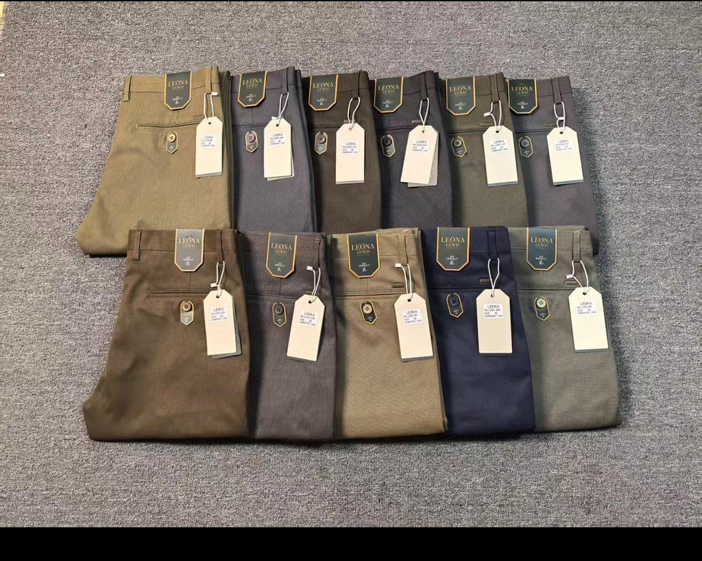 Assorted men's khaki pants in neutral colours, sold individually