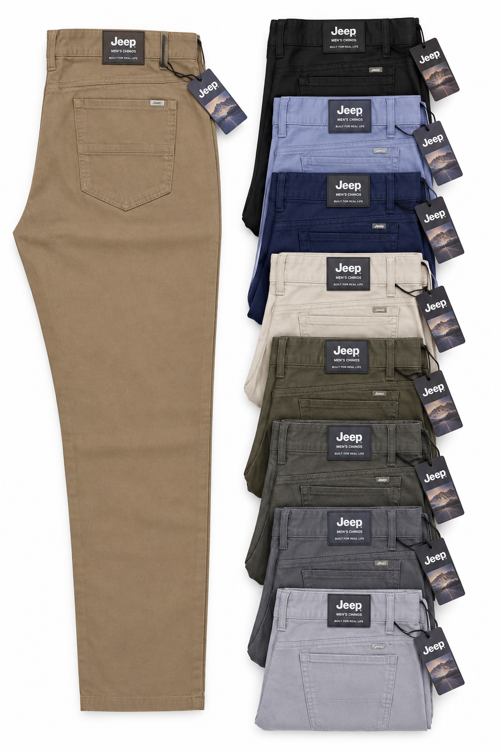 Jeep chinos showing the original selection of colours