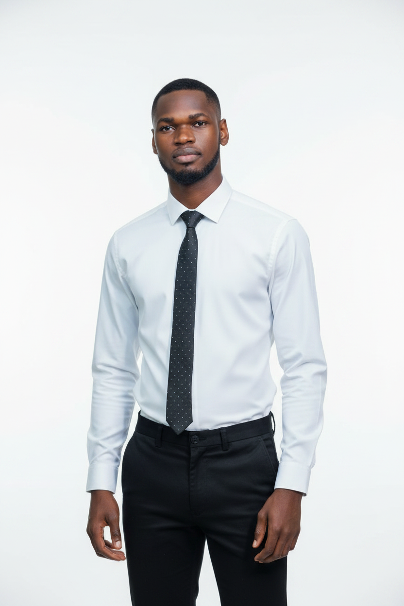 Lifestyle - White Background, Clean White Shirt + Black Tie + Black Pants