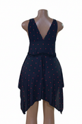 Navy blue polka dot dress back view on white background