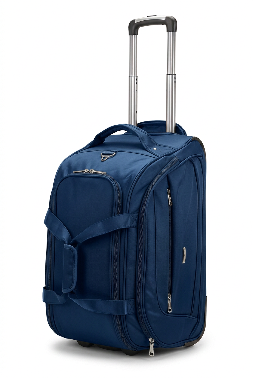 Navy travel bag with a smooth, slightly shiny finish on white