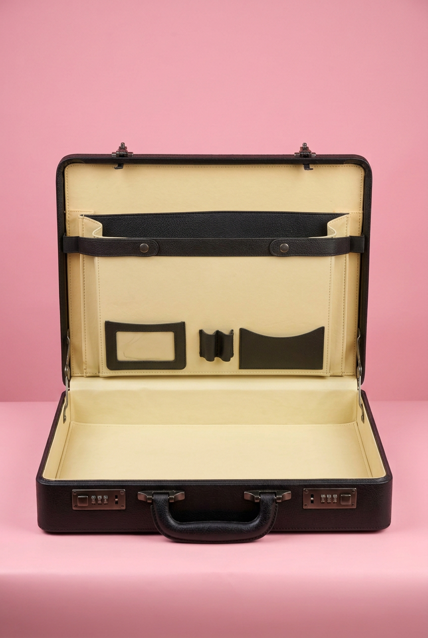 Open black briefcase with cream interior organiser and two combination locks
