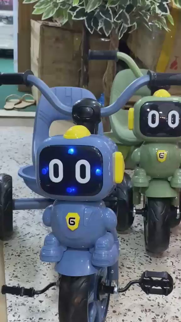 Kids Robot Face Tricycle Bike | LED Eyes | Music | Ages 1-4 Years | Blue & Green