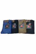 Regenerated folded jeans on white background