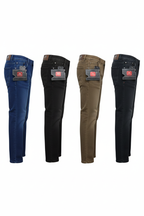 Regenerated full-length jeans on white background