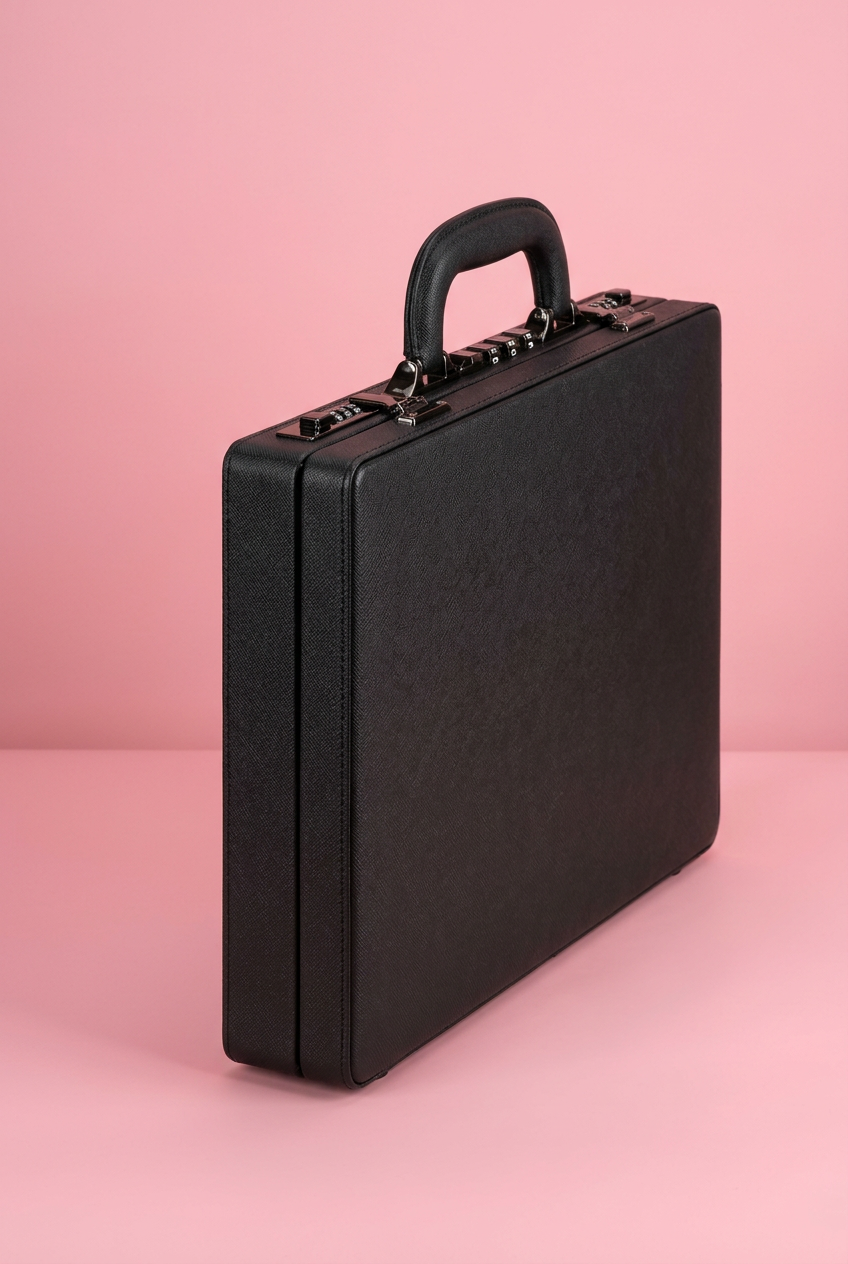 Angled view of black briefcase showing handle and locks