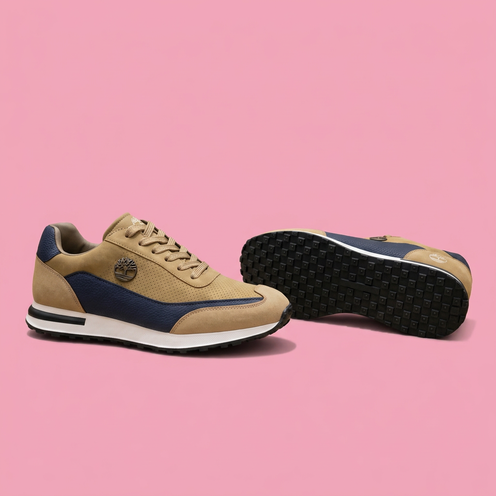 Tan and navy sneakers on soft pink background