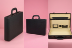 Three briefcase views combined into one pink-background image, each shown once